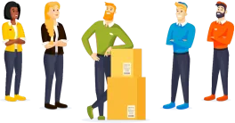Several carriers are ready to help you. Person from Bring with green shirt stands at the front and leans against two packages.