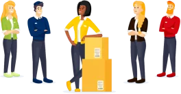 Several carriers are ready to help you. Person from DHL with blue shirt stands at the front and leans against two packages.