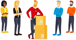 Several carriers are ready to help you. Person from Jetpak with red shirt stands at the front and leans on two packages.