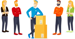 Several carriers are ready to help you. Person from Postnord with blue shirt stands at the front and leans against two packages.