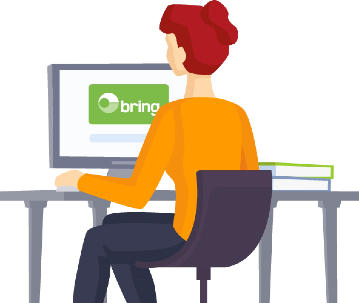 Woman with orange shirt and red hair sitting at a computer with the Bring logo on the screen