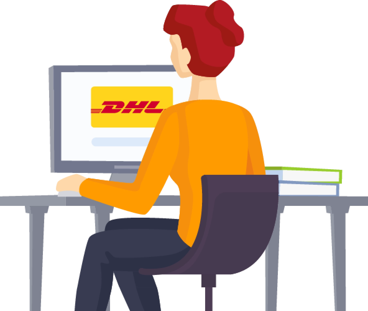 Kvinna med orange tröja och rött hår sitter vid en dator med DHL logo på skärmen