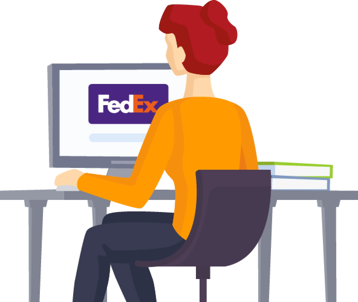 Kvinna med orange tröja och rött hår sitter vid en dator med FedEx logo på skärmen