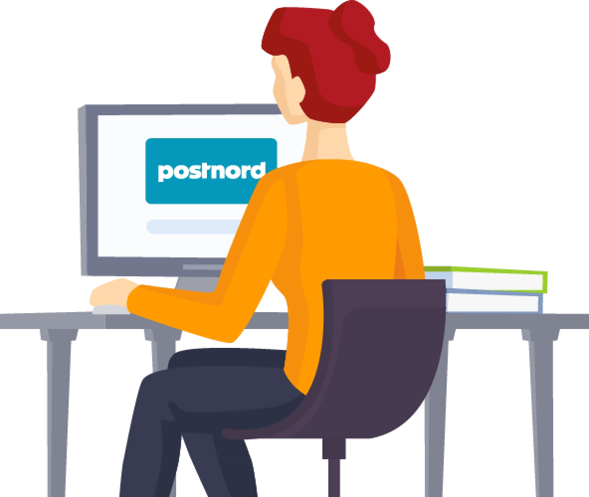 Woman with orange sweater and red hair sits at a computer with the Postnord logo on the screen