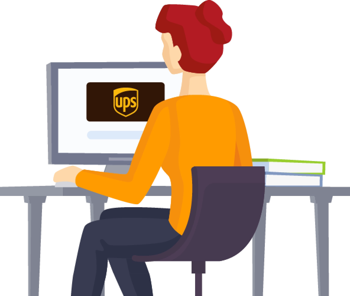 Kvinna med orange tröja och rött hår sitter vid en dator med UPS logo på skärmen